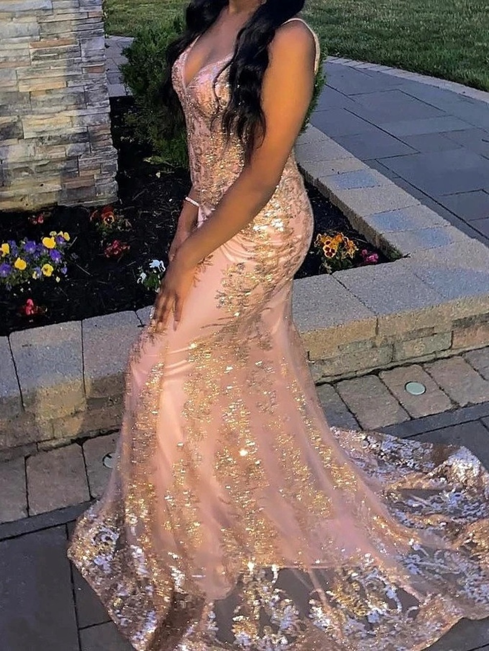 Adora Design 3053N Sparkling Appliqué Mermaid Long Dress Maxi Dress Pink & Gold